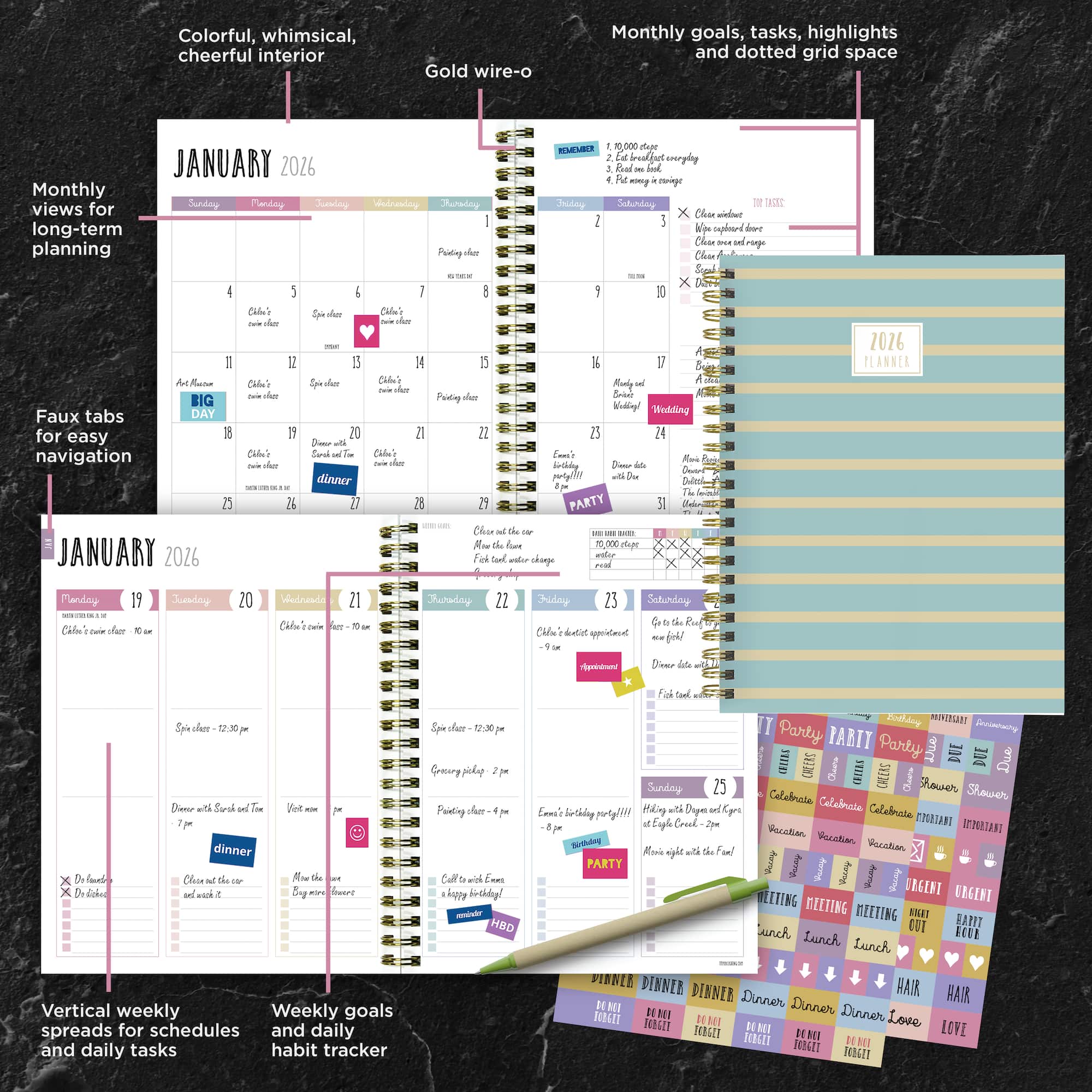 2026 Blue and Gold Lines Medium Weekly Monthly Planner